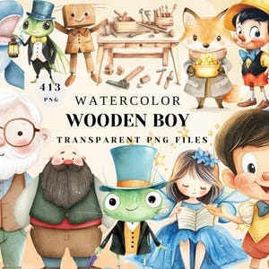 Watercolor Wooden Boy Clipart - Fairy Tale PNG Set, Storybook Characters, Transparent Digital Files for Crafts, Invitations & Designs
