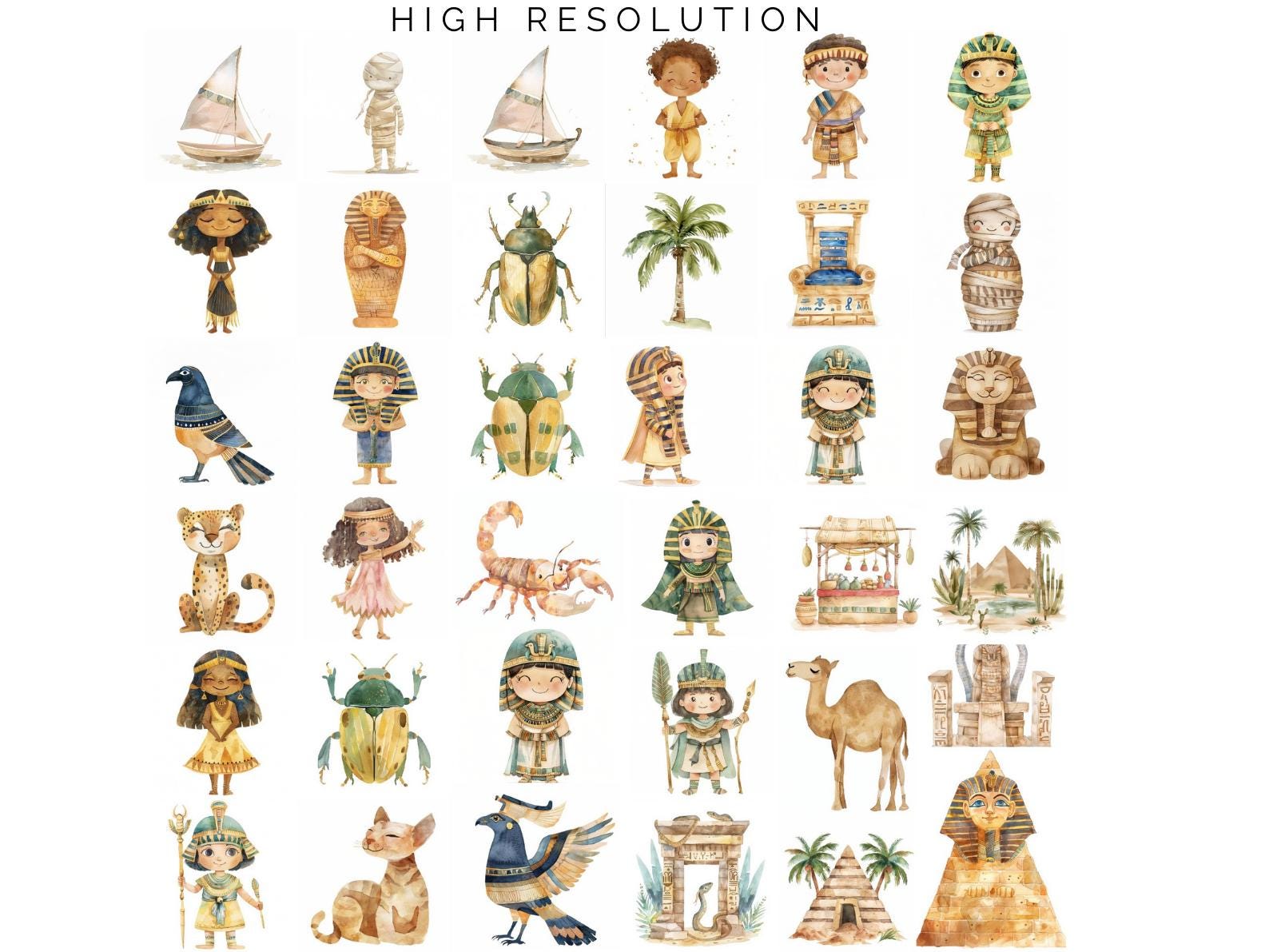 Watercolor Ancient Egypt Clipart Bundle - 503 Cute Egyptian Pharaohs ...
