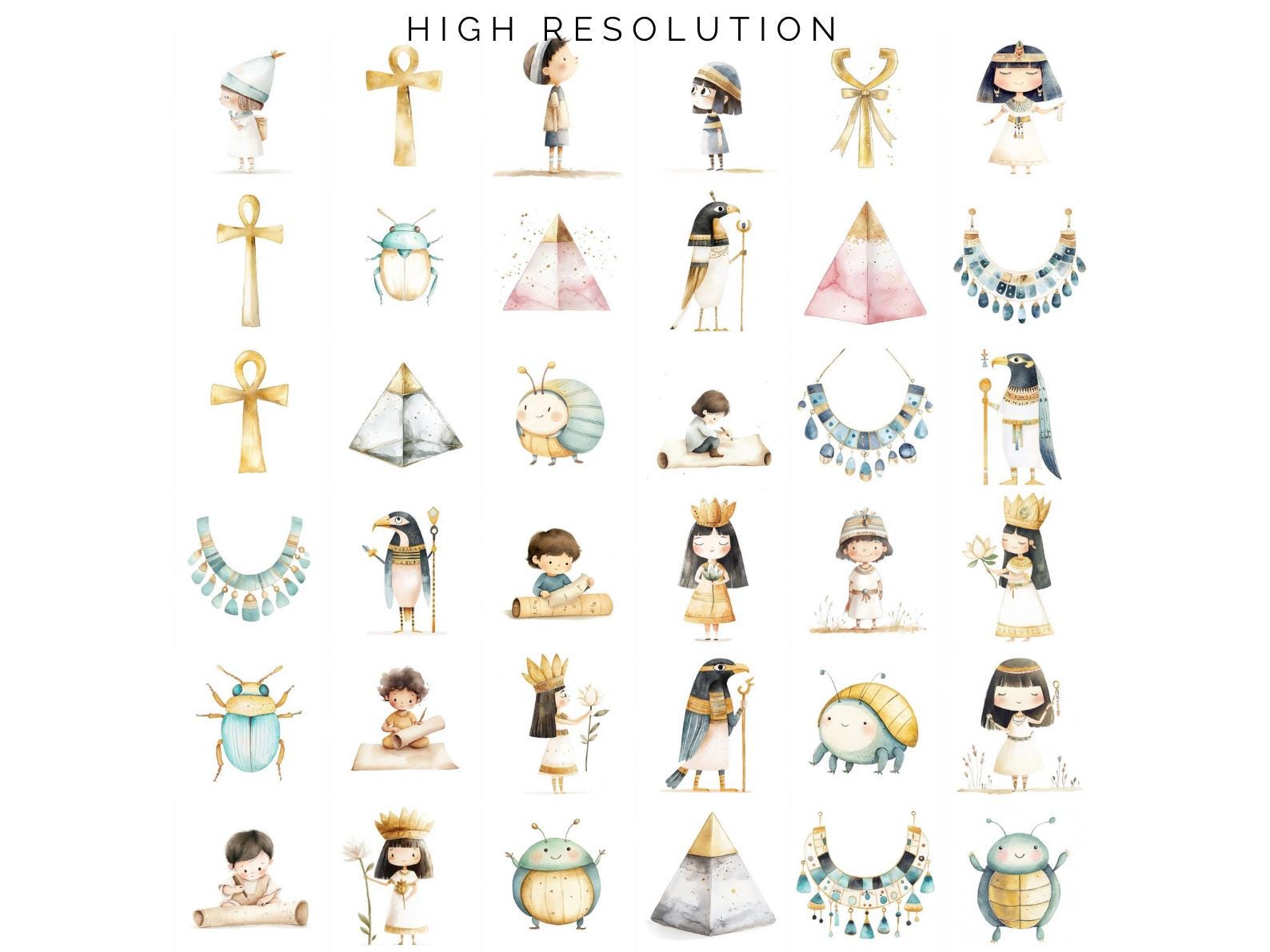 Watercolor Ancient Egypt Clipart Bundle - 503 Cute Egyptian Pharaohs ...