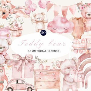 Watercolor Pink Teddy Bear Clipart | Cute Baby Shower, Nursery Wall Art, Birthday Party, Digital Scrapbooking PNG