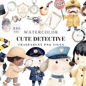 Aquarell-Detektiv-Clipart-Bundle – süßer Polizist 331 PNG-Dateien für Kinder, Krimi-Detektiv-Illustrationen zum Basteln, kommerzielle Nutzung