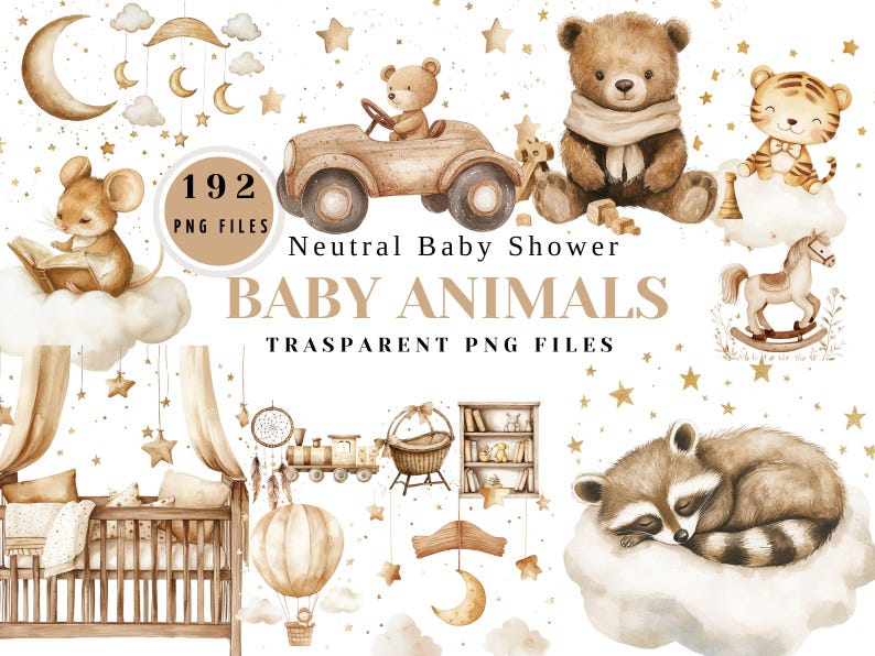 Neutral Baby Shower Clipart | 192 PNG Files Featuring Adorable Animals ...