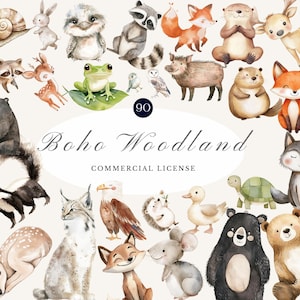 Boho Woodland Watercolor Clipart Set - Cute Forest Animals, Frogs, Deer, Foxes, Raccoons, Bears, Nursery Decor. Commercial Use