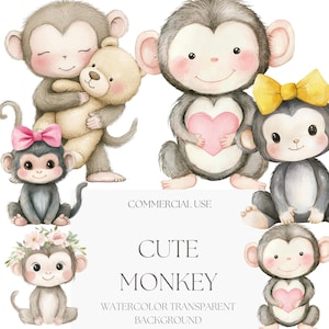 Cute Baby Monkey Watercolor Clipart Set | Hand Painted Monkey Illustrations with Transparent Backgrounds for Nursery Wall Art