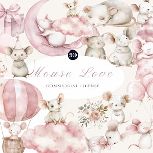 Clipart de acuarela de amor de ratón | Lindos ratones rosados, baby shower, decoración de guardería, fiesta de cumpleaños, álbum de recortes digital PNG