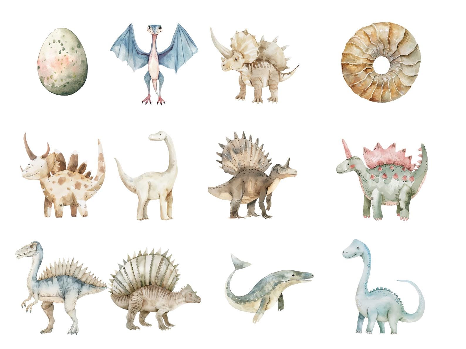 Watercolor Dinosaur Clipart Bundle Cute Jurassic Baby Dino PNG Set ...