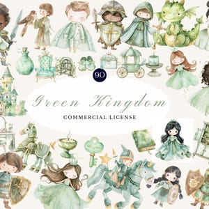 Green Kingdom Aquarell Clipart Set - Märchenprinzessinnen, Ritter, Schloss, Drache, Fantasy-Kunst, Kinderzimmer Dekor, kommerzielle Nutzung