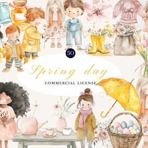 Spring Day Watercolor Clipart | Cute Spring Kids, Floral Illustrations, Rainy Day, Easter, Digital Scrapbooking, Commercial Use PNG
