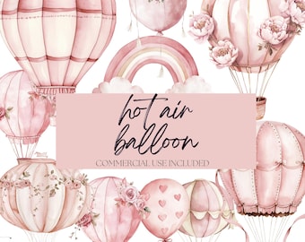 Paquete de imágenes prediseñadas de acuarela de globo aerostático rosa | Sublimación de baby shower floral PNG | Láminas artísticas para pared de guardería | Uso comercial incluido