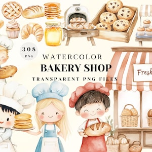 Aquarel bakkerij winkel clipart | Schattig brood en gebak PNG | Bakkers, oven, versgebakken producten | Transparante digitale bestanden voor ambachten