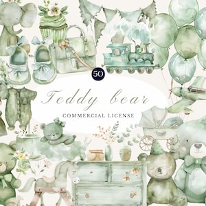 Green Teddy Bear Watercolor Clipart Bundle | Cute Vintage Bears, Balloons & Toys with Commercial License | Baby Shower Nursery Decor