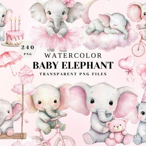 Watercolor Pink Baby Elephant Clipart Set - Kids Clipart - Pink Balloon Decor, Cute Animals, Nursery Art, Baby Shower Party Decorations