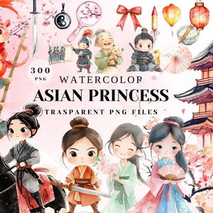 Watercolor Asian Princess Clipart Bundle | 300 Elegant PNG Illustrations for Crafts, Scrapbooking, and Sublimation Commercial Use