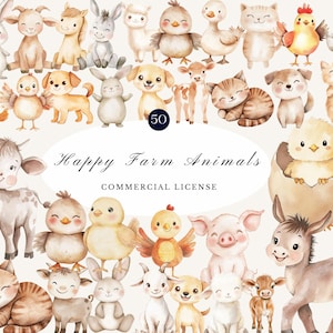Watercolor Happy Farm Friends Clipart | Cute Farm Animals PNG | Baby Animals, Barnyard Illustrations | Transparent Digital Art for Crafts