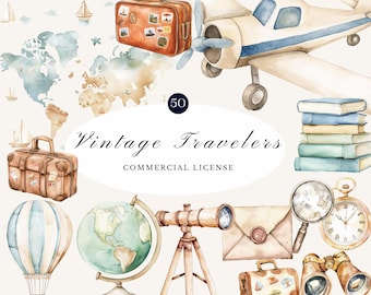 Vintage Travelers Watercolor Clipart Bundle | Elegant Travel Elements, Maps & Retro Accessories with Commercial License | Scrapbooking Decor