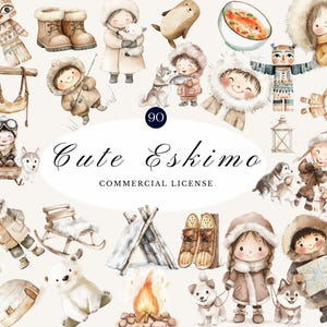 Aquarelle Arctic Adventure Clipart Set - Personnages mignons, Huskies, Igloos, traîneaux et décor d’hiver - Artisanat de bricolage et art de pépinière