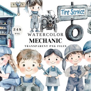 Mechanic Watercolor Clipart Set - Nursery Clippart Boys & Girls Workshop Theme - Car Repair Tools, Tires, Garage Elements DIY Birthday Party