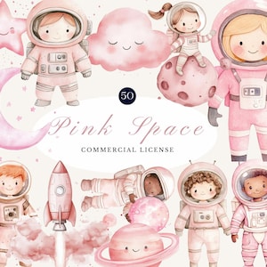 Pink Space Watercolor Clipart Bundle | Adorable Astronauts, Planets & Celestial Elements with Commercial License | Kids Party  Nursery Decor