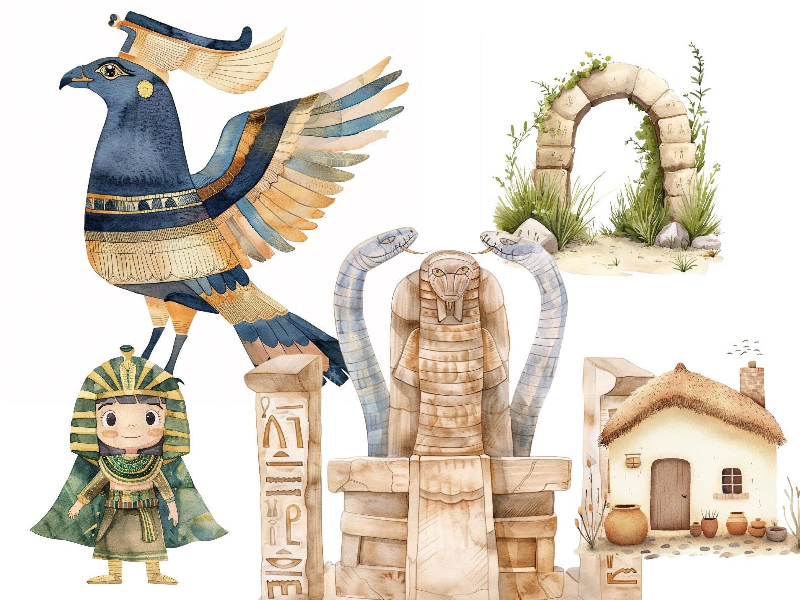 Watercolor Ancient Egypt Clipart Bundle - 503 Cute Egyptian Pharaohs ...