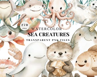 Puede incluir: Ilustraciones de acuarela de varias criaturas marinas, incluyendo un tiburón, un pulpo, una foca, un narval, un pez, un cangrejo, una nutria y una ballena. Las ilustraciones están en una paleta de colores suaves y pastel y tienen un estilo caprichoso y de dibujos animados. El texto "270 PNG WATERCOLOR SEA CREATURES TRANSPARENT PNG FILES" es visible en la imagen.