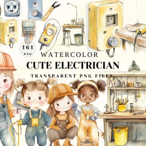 水彩のかわいい電気技師のクリップアート |ツールとワークショップ PNG |子供、電気機器の作業風景 |工芸用透明デジタルファイル