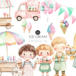Può includere: Illustrazione ad acquerello con elementi a tema gelato. Include un camioncino dei gelati, un carretto, coni e personaggi che tengono in mano dolcetti. Sono presenti anche colori pastello e il testo "ICE CREAM COMMERCIAL USE".