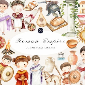 Romeinse Rijk Aquarel Clipart Bundel | Illustraties uit de oude geschiedenis met commerciële licentie | Educatieve transparante achtergrond