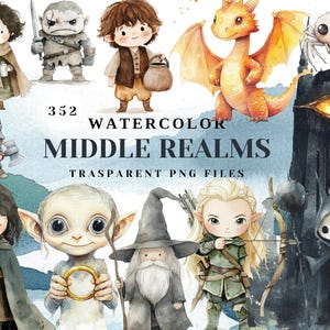 水彩中間領域クリップアート | 352 のファンタジーをテーマにしたキャラクター、ウィザード、ドラゴン、クラフト用の要素、昇華 DIY プロジェクト
