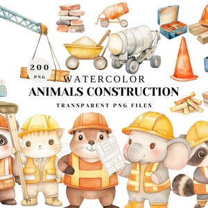 Watercolor Construction Animals Clipart Set - Cute Builders, Tools, Vehicles, and Decor - Nursery Art and DIY Crafts Commerecial Use