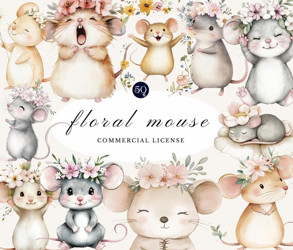 Floral Mouse Watercolor Clipart | Cute Mice Illustrations, Pastel Flowers, Baby Shower, Nursery Art, Digital Scrapbooking PNG Transparent