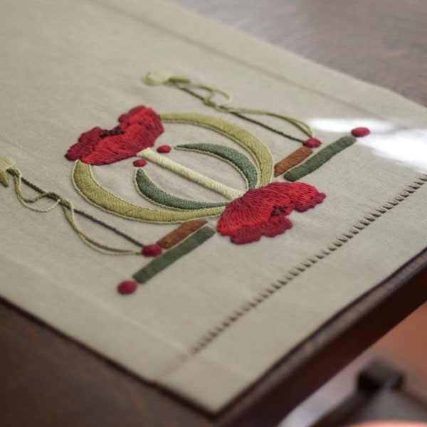 Borduurpakket klaprozen tafelloper, Roycroft, Craftsman, Mission, Arts and Crafts-stijl