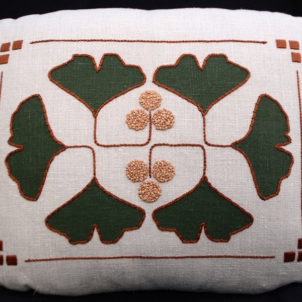 Ginkgo Pillow, Craftsman Mission Style, Hand Embroidered with Appliqued leaves, and French knot seedlings