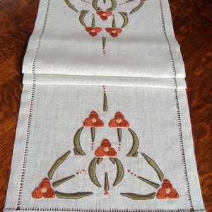 Hand Embroidered Table Runner, Arts and Crafts, Mission Style, Spiderwort Motif