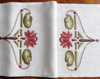 Water Lily Table Scarf, Craftsman, Mission Style, Hand Embroidered