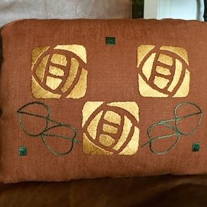Three Roses Silk Hand Embroidered Pillow, Roycroft, Arts and Crafts, Craftsman Style