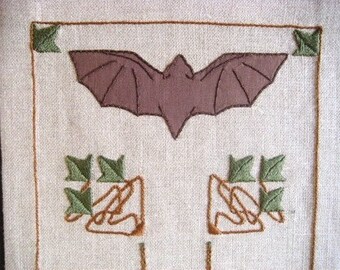 Bat Motif Table Scarf Craftsman Style Hand Embroidered