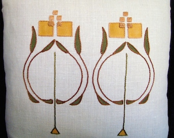 Stylized Bud Flower Pillow, Stenciled and Hand Embroidered, Roycroft, Craftsman, Arts & Crafts