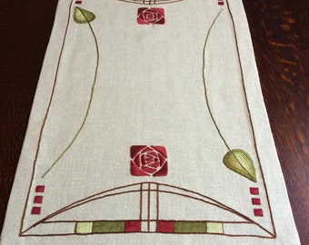 Hand Embroidered Roycroft Rose Table Scarf 26x20 inches