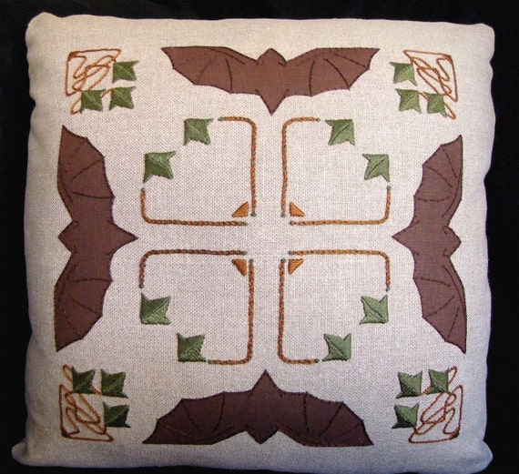 Hand Embroidered Bat Motif Pillow Arts And Crafts Style Etsy