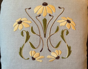 ブラック アイド スーザン 手刺繍枕 18&quot;x 18&quot; 芸術と工芸 職人スタイル