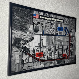 Arte mural del circuito de F1 de Las Vegas: vista aérea de la ciudad enmarcada con pista impresa en 3D / Decoración del hogar de Fórmula 1 / Regalo único del GP de Las Vegas