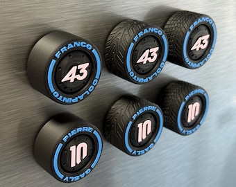 Pierre Gasly Franco Colapinto F1 Tire Magnets – French Team Colors Racing Numbers 10 and 43 Formula 1 Gift for Motorsport Fans