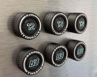 George Russell Kimi Antonelli F1 Tire Magnets – Silver Arrows Team Colors Formula 1 Fan Gift | Racing Numbers 63 and 12 | Collectible Set