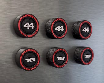 Charles Leclerc Lewis Hamilton F1 Tire Magnets – Scuderia Team Colors Racing Numbers 16 and 44 Formula 1 Gift for Motorsport Fans