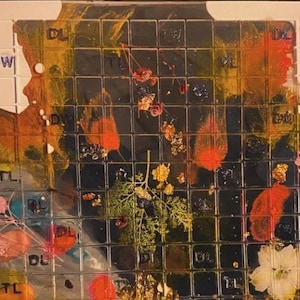 May include: A clear, grid-patterned resin art piece with embedded dried flowers and gold leaf. The artwork features orange, pink, and yellow hues, with the letters "TW", "DW", "DL", and "TL" visible on the top and sides.