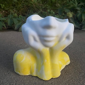 May include: A white and yellow face-shaped ceramic planter. The planter has a face design with a nose, mouth, and eyes. The base of the planter is yellow, with the color fading into white at the top. The planter is sitting on a gray surface.