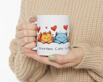 Cat Coffee Mug, Cute Cat Lover Gift, Pet Mug for Cat Mom, 11oz Ceramic Cup, Adorable Mug for Cat Lovers, Cat Drawing Mug
