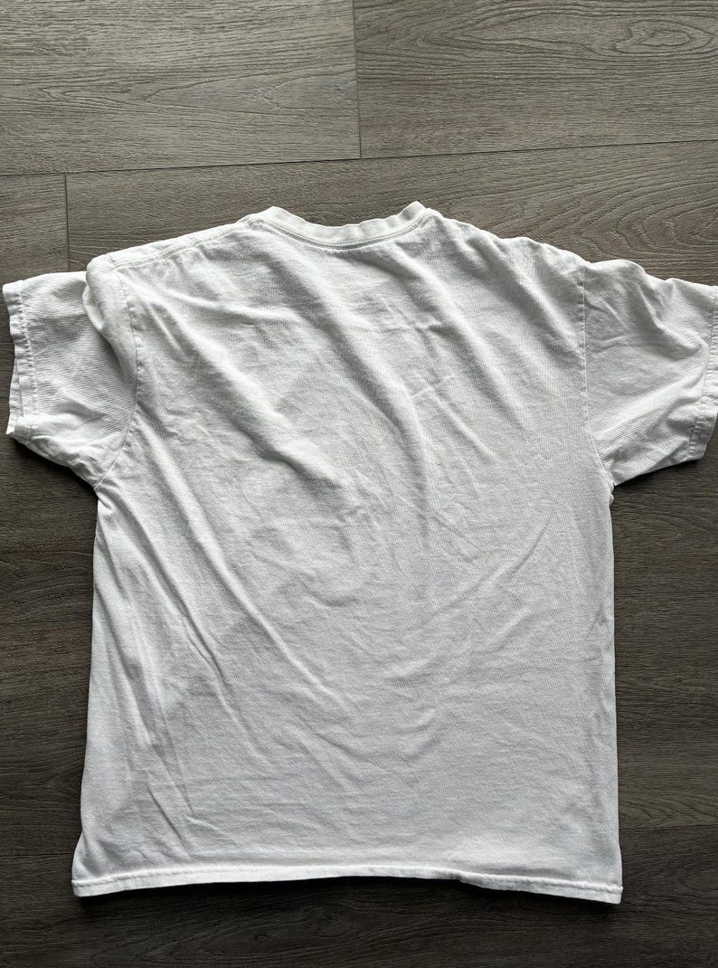 May include: A plain white short-sleeved t-shirt with a crew neckline. The garment is made of a solid white fabric and features standard stitching along the sleeves and hemline. The shirt is displayed flat, showing the back side of the garment.