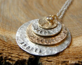 Hand Stamped Jewelry - Personalized Your Charm - Two Tone Necklace -  gold filled and sterling silver with CZ - 4 discs -Simag