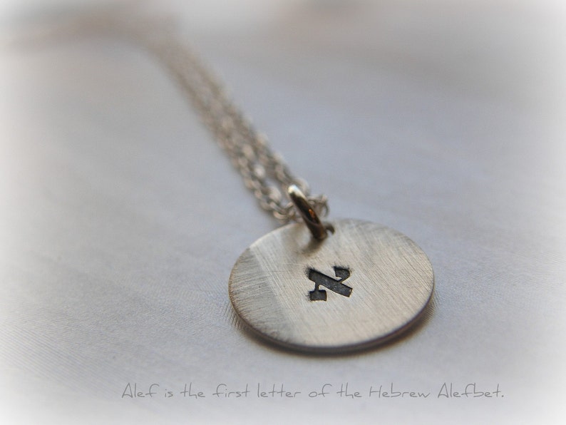 Hebrew Alef Taf Necklace handstamped handmade by SimaG Shalom Peace Ahava Love Chai Life your choice of word on 1/2 disc שלום אהבה חי image 1
